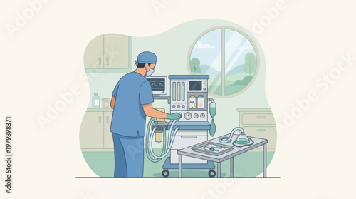 Surgeon operating medical equipment in hospital operating theater