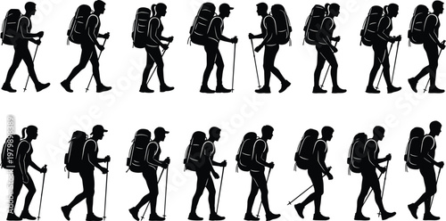 Hiking silhouettes set isolated on white background, people with backpacks and trekking poles, outdoor mountain walking adventure vector illustration collection.