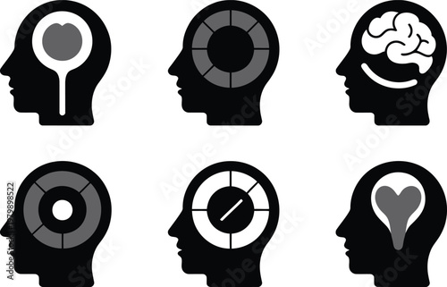 Collection of human head profile icons representing mental health medical diagnostic and cognitive assessment processes