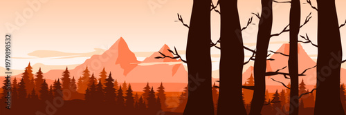 Flat vector dead tree foreground with massive orange sky copy space