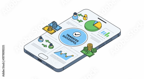 Isometric Mobile Banking App Illustration showing Successful Money Transfer, Financial Data Charts, and Digital Payment Transaction on Smartphone Screen
