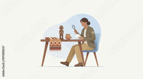 Archaeologist examining ancient artifacts with magnifying glass