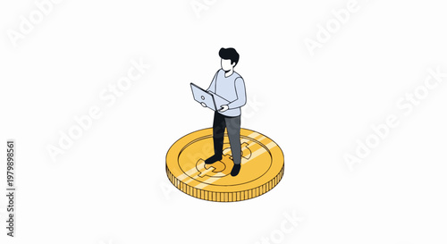 Freelancer Standing on Giant Gold Dollar Coin with Laptop - Online Earning and Digital Finance Isometric Illustration