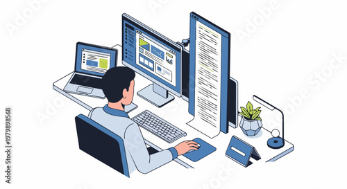 Isometric Software Developer Working at Professional Workstation with Multiple Monitors and Laptop