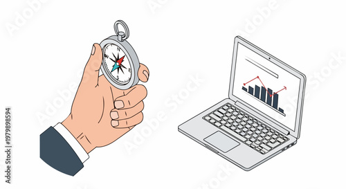 Business Strategy and Financial Navigation Concept with Compass and Laptop Data Charts
