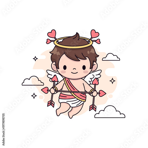 A cute cartoon Cupid character flying with a bow and heart-tipped arrow, surrounded by clouds and sparkles.