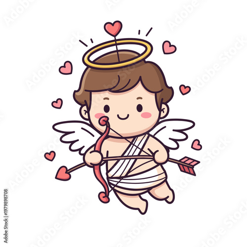A cute cartoon Cupid character with wings, halo, bow, and arrow, surrounded by hearts, symbolizing love and romance.