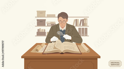 Man in library researching with magnifying glass and old book