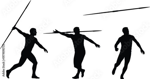Javelin thrower silhouettes set isolated on white background, track and field athlete throwing spear, olympic sport active male vector illustrations.
