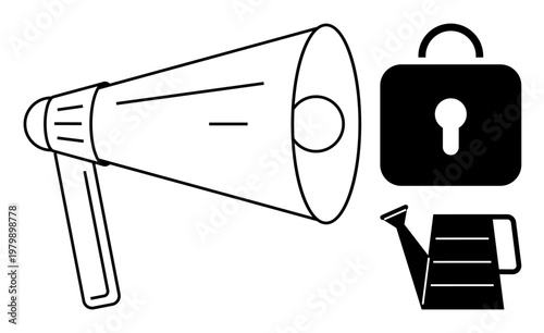 Communication, security, growth, messaging, privacy, nurturing progress. Black and white image a megaphone, a padlock and a watering can. Communication and security highlighted