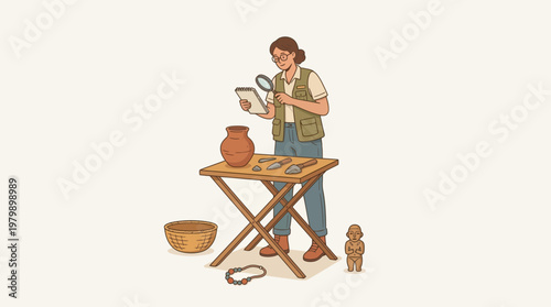 Archaeologist examining ancient artifacts with magnifying glass and notebook