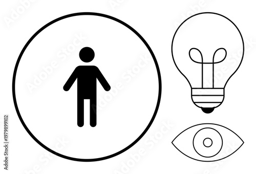 Human concept. Black stick figure people in context of creativity and observation. Eye and light bulb icons reinforce human-centered thought. Perfect for design, infographic, education, creativity