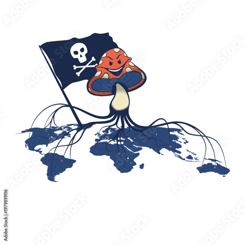 Retro Cartoon Hacker Mushroom with Skull Flag on World Map — Cyber Threat Network Vector