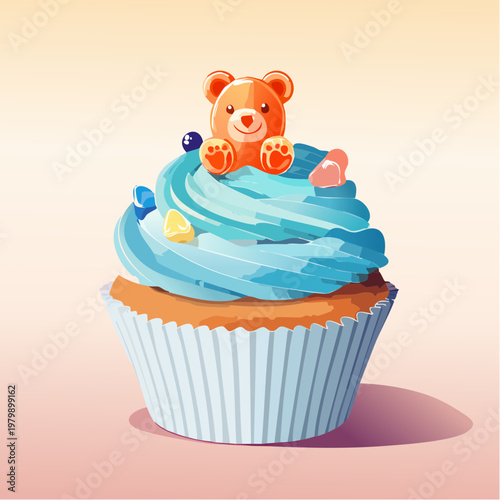 A colorful cupcake with a teddy bear on top.