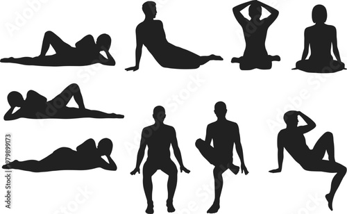 Relaxed human poses silhouettes set featuring sitting lying stretching casual posture lifestyle people comfort rest illustration collection concept