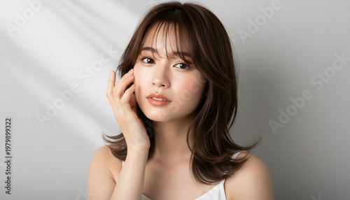 おしゃれなカットモデル女性の自然光ポートレート (Soft Radiance Portrait Series)
