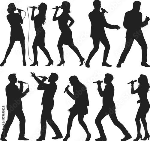 Singer silhouettes set featuring male female vocalists with microphone live performance music concert entertainment illustration collection concept