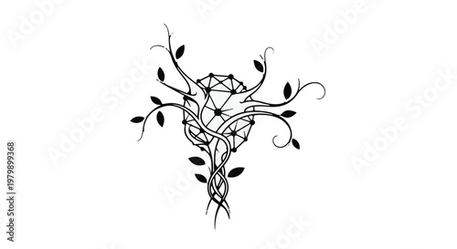 Tree branches intertwining with a geometric sphere symbolize nature and technology.