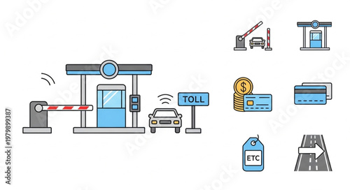 Toll Booth Collection System with Car and Payment Icons.