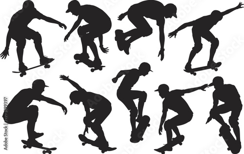 Skateboarder silhouettes set featuring skater tricks jumps urban street sport action movement youth lifestyle illustration collection concept design