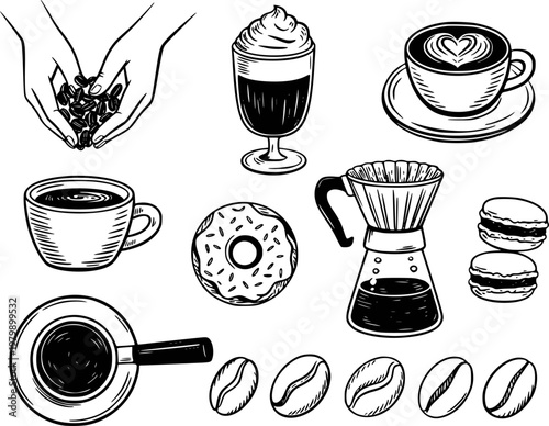 Hand drawn coffee beans cup latte donut macarons pour over coffee maker and latte glass