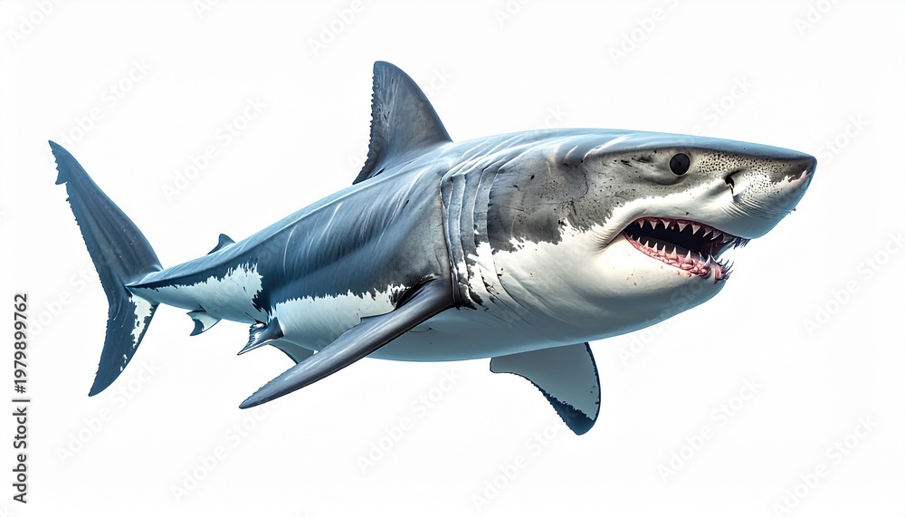Fototapeta premium Apex Predator: A dynamic portrayal of a majestic great white shark gliding effortlessly through the ocean's depths, its powerful form a testament to its status as the ocean's top hunter.