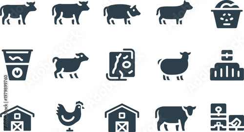 Set of farm animals and agriculture icons representing livestock production and rural food industry supply chains