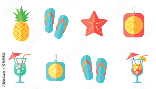 Vibrant summer-themed icons representing tropical and beach vacation elements