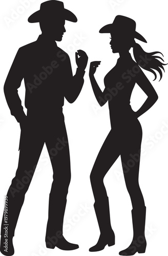 Cowboy Silhouette Couple Conversing Western Dance Hall Scene