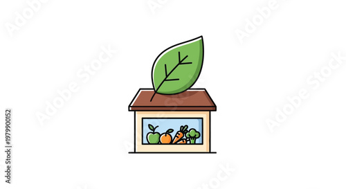 Colorful illustration of a house with leaf on roof and fruits inside.