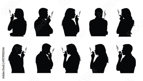 A collection of silhouetted figures predominantly women and men are depicted smoking cigarettes or similar items high quality professional detailed modern