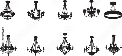 Silhouette vector collection of elegant chandelier lighting fixtures on transparent background