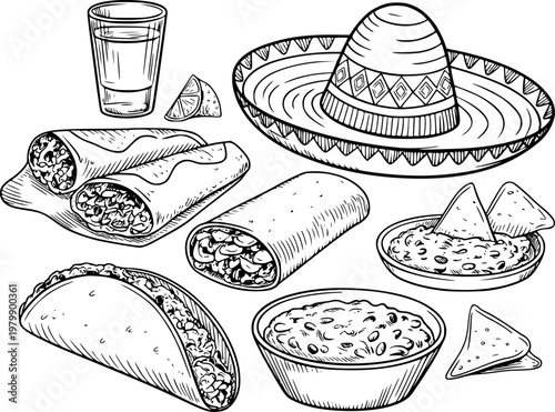 Hand Drawn Mexican Food Fiesta With Sombrero Shot Glass Nachos Burritos And Tacos