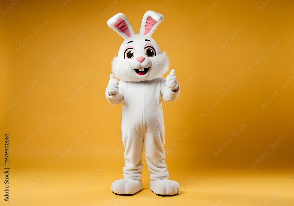 Obraz premium Full body easter bunny mascot costume character standing on yellow background giving thumbs up cheerful pose for easter celebration and children events