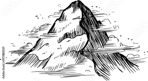 Hand drawn of a mountain peak emerging from clouds in black and white