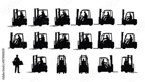 A collection of black silhouette illustrations depicting various forklifts and a single worker in a warehouse setting high quality professional detailed