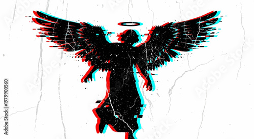 Glitch art angel with wings and halo on white background