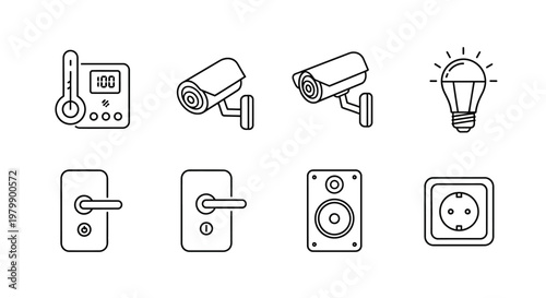 Smart home devices icons set thermostat security camera light bulb