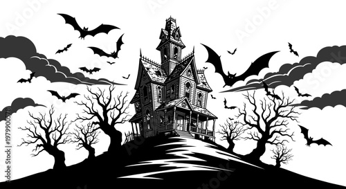 Black and white haunted house on a hill with bats flying