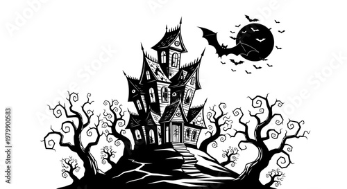 Black and white haunted house on a hill with bats flying