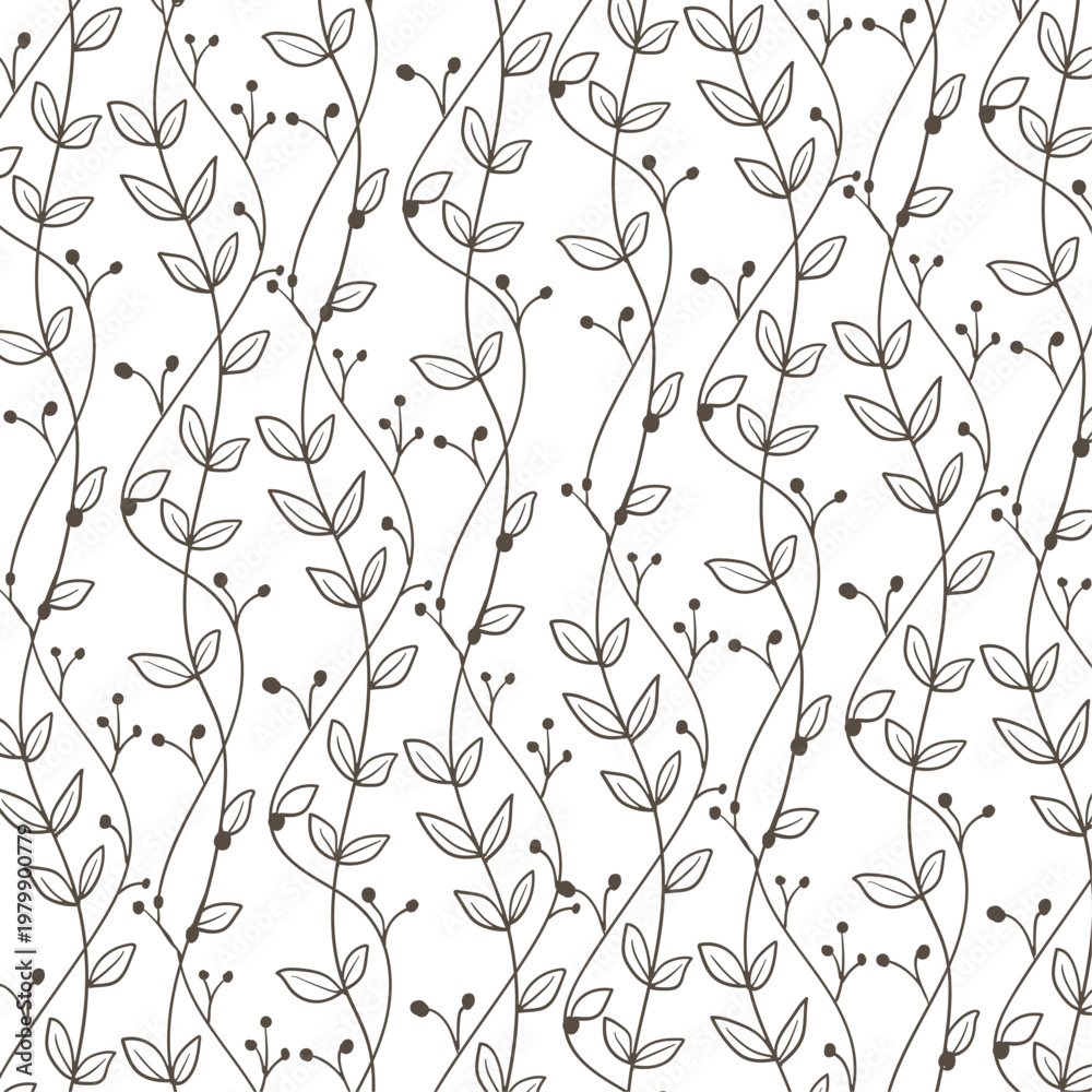 Fototapeta premium Seamless Botanical Line Art Pattern with Vines and Leaves 