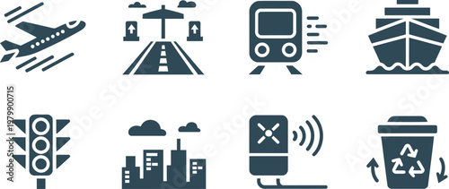 Set of modern transportation and urban infrastructure icons featuring vehicles traffic signals and sustainable city elements