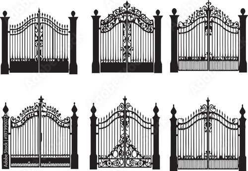 Ornamental wrought iron gate silhouettes on transparent background vector icon set