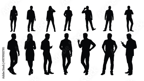 A collection of silhouetted figures men and women in various casual poses and attire set against a white background high quality