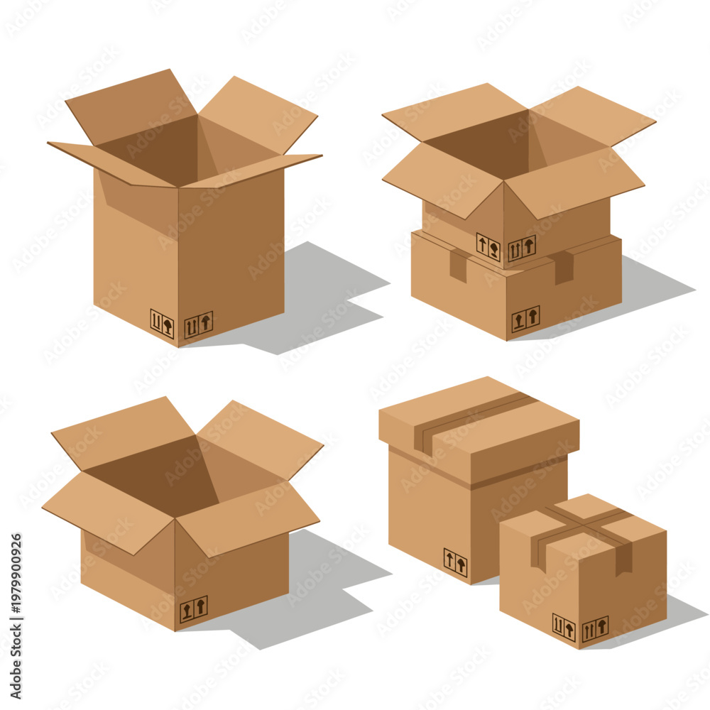 Fototapeta premium Isometric illustration of various brown cardboard shipping boxes, both open and closed, with shadows.