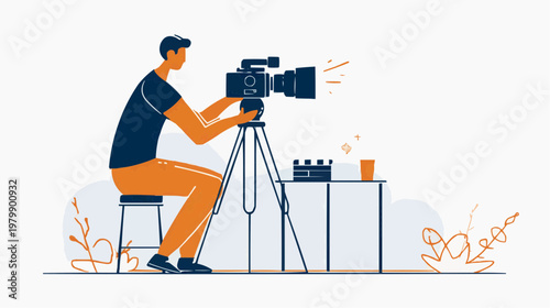 Flat vector illustration of a cameraman filming with professional equipment, suitable for media production, film industry, or creative content websites.