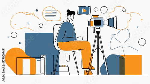 Flat vector illustration of a person creating video content, suitable for social media, marketing, or educational materials.