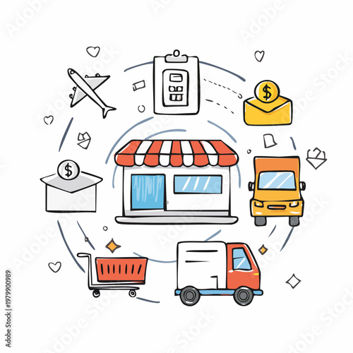 Online shopping and delivery service concept illustration.