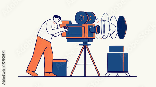 Flat vector illustration of a person operating a vintage film camera, suitable for media production, cinema, or creative industry promotions.