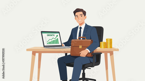 Businessman with laptop and coins